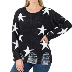 NWT Zenana Black Distressed Sweater with White Stars size M